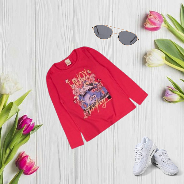 Blusa Manga Longa Infantil Menina Mini Mundo Vermelha