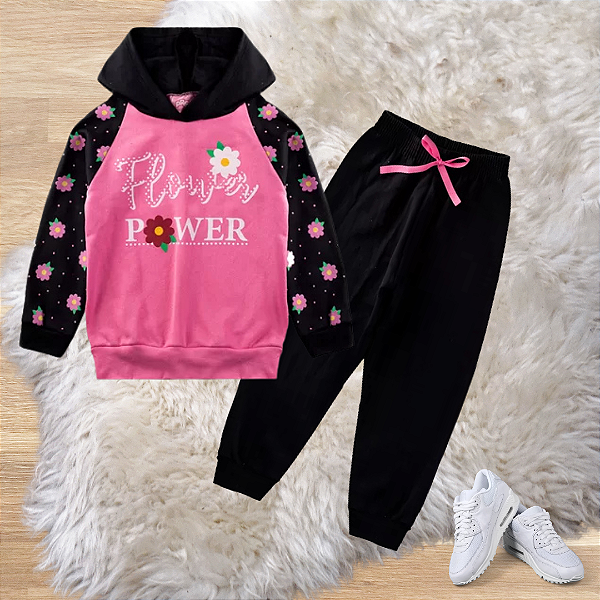 Conjunto Moletom Infantil Menina Flores Preto