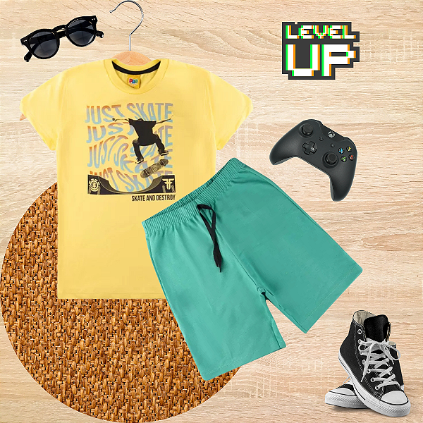 Conjunto Juvenil Verão Menino Skate Sun Amarelo
