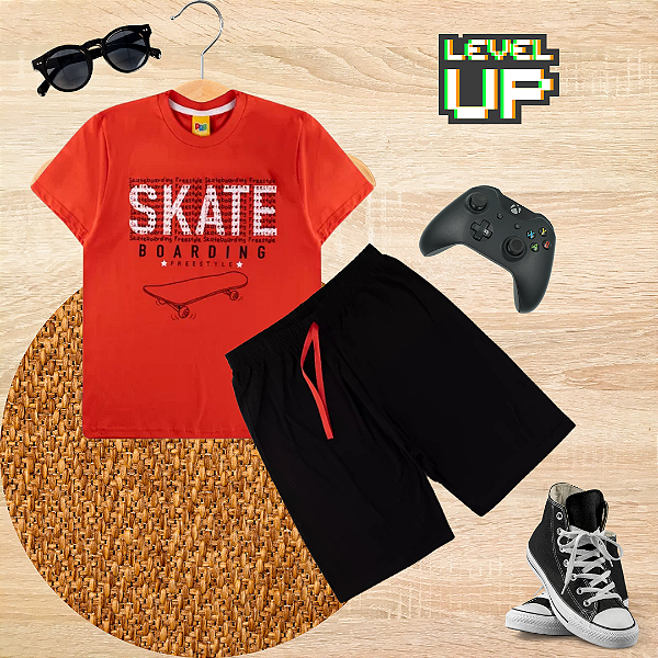Conjunto Juvenil Verão Menino Skate Laranja
