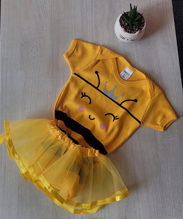Kit Body + Saia Tutu + Faixinha Abelhinha Amarelo
