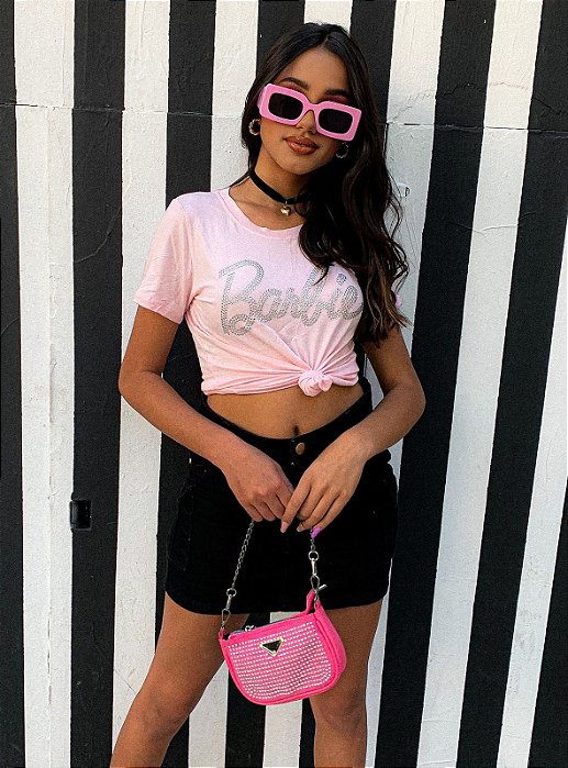 T-Shirt Juvenil Strass Barbie Rosa Claro