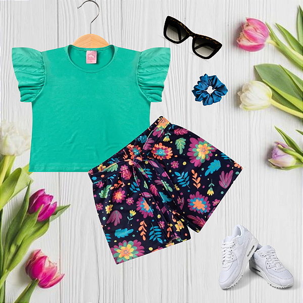 Conjunto Juvenil Verão Menina Verde Floral