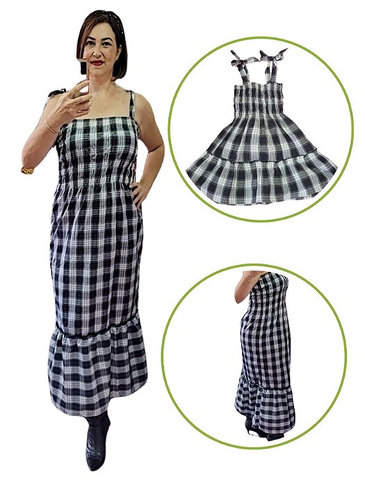 Kit c/ 2 Vestidos Tal Mãe Tal Filha Xadrez Preto Alcinha Longo
