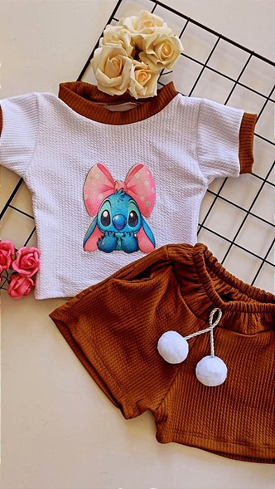 Conjunto Cropped Infantil Stich Marrom