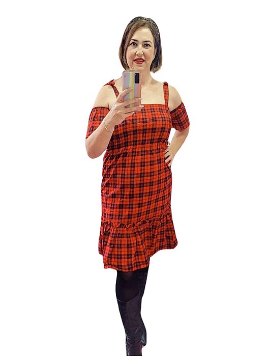 Vestido Mini Xadrez Adulto Vermelho Alça Ciganinha Curto