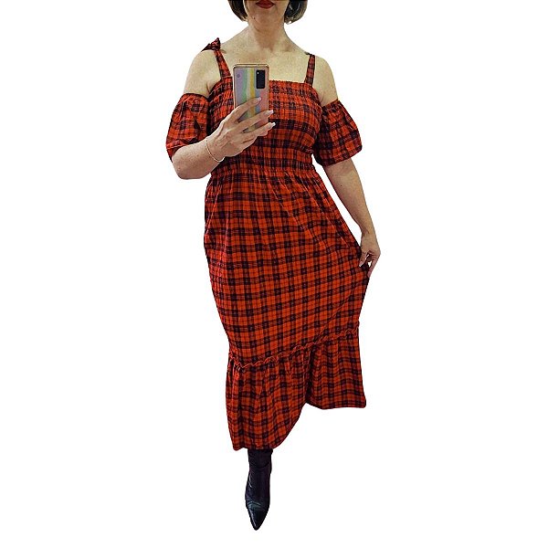 Vestido Xadrez Adulto Vermelho Alça Ciganinha Longo