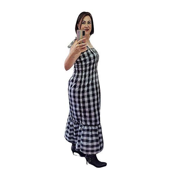 Vestido Xadrez Adulto Preto e Branco Longo