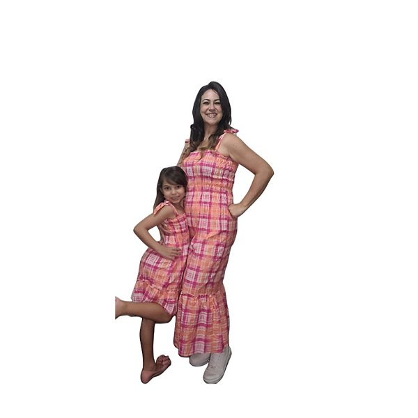 Kit c/ 2 Vestidos Tal Mãe Tal Filha Xadrez Laranja Alcinha Longo
