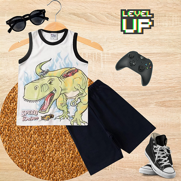 Conjunto Infantil Regata Menino T-Rex Branco c/ Preto