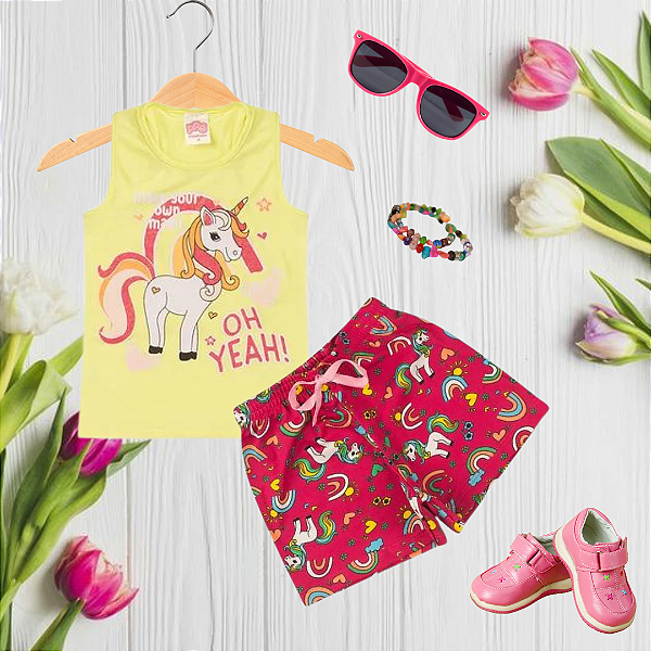 Conjunto Infantil Menina Verão Unicórnio Amarelo