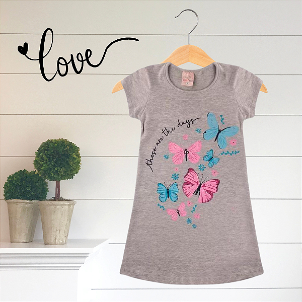 Vestido Infantil Verão Borboletas Cinza