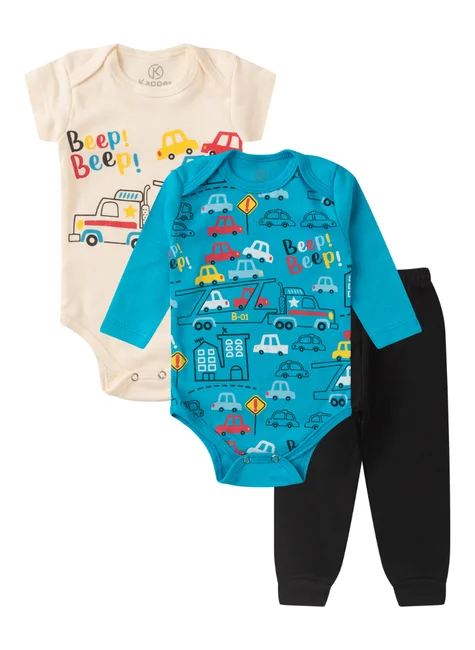 Kit Body 3 peças Bebê Menino Carrinhos Azul