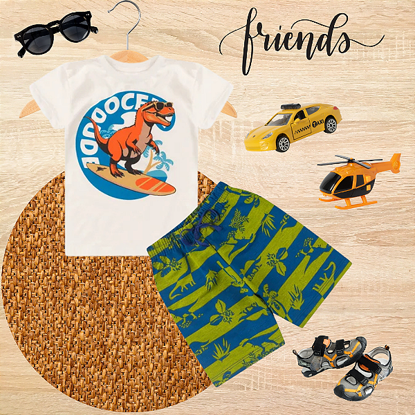 Conjunto Infantil Verão Menino Surf Dino Branco