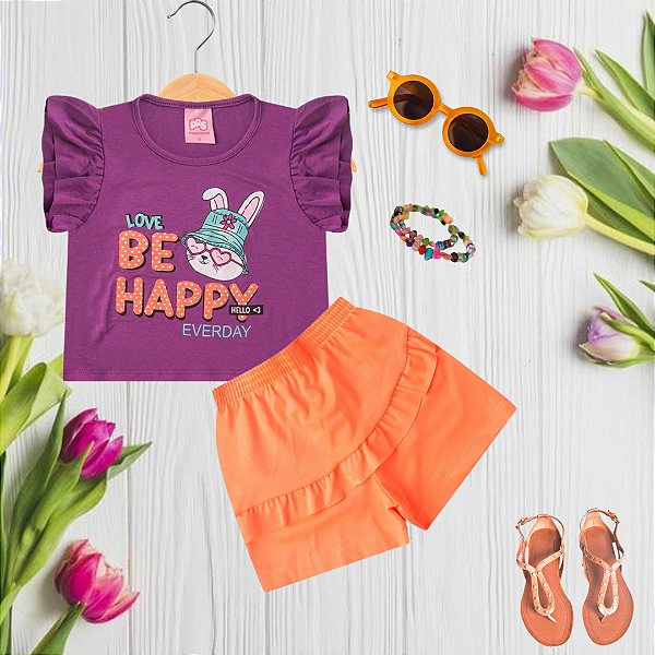 Conjunto Infantil Regata Verão Menina Love Bee Happy Roxo