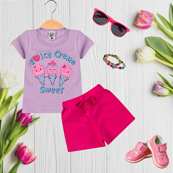 Conjunto Infantil Menina I Love Ice Cream Roxo