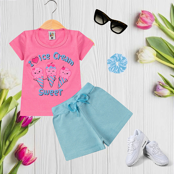 Conjunto Infantil Menina I Love Ice Cream Rosa