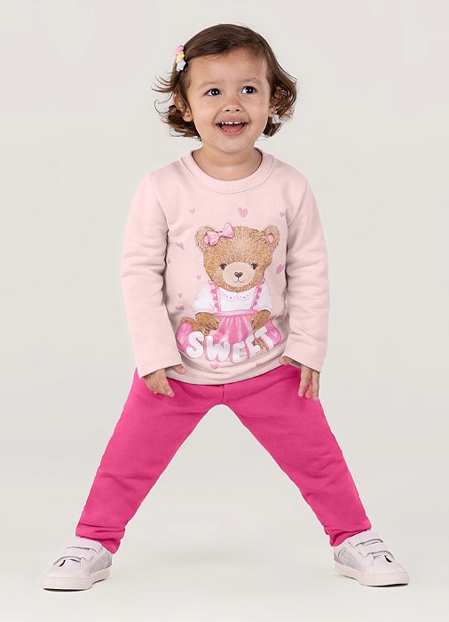 Conjunto Moletom Infantil Menina Ursinha Rosa Bebê