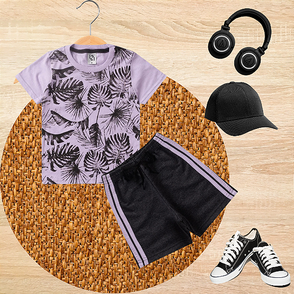 Conjunto Infantil  Verão Menino Folhagem Cinza