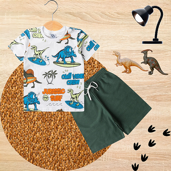Conjunto Infantil Verão Menino Dino Surf Branco