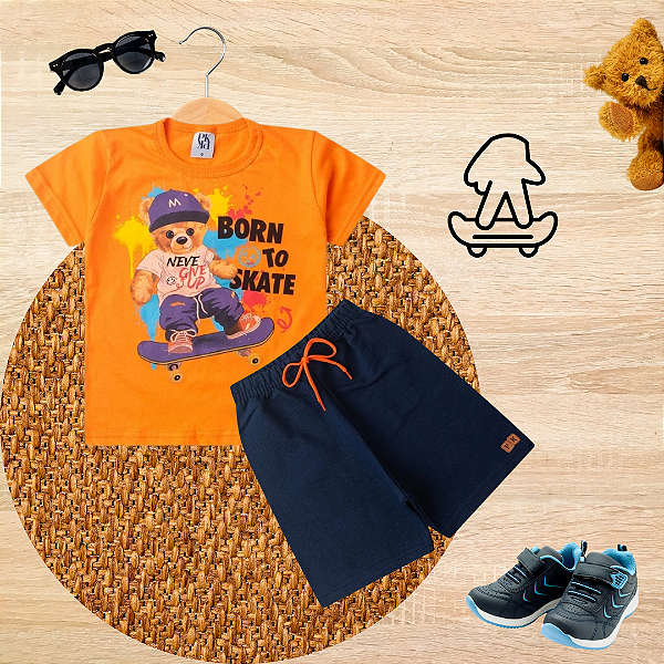 Conjunto Infantil Verão Ursinho skate Laranja