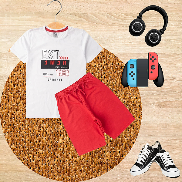 Conjunto Juvenil Verão Menino Ext Original Branco e Vermelho