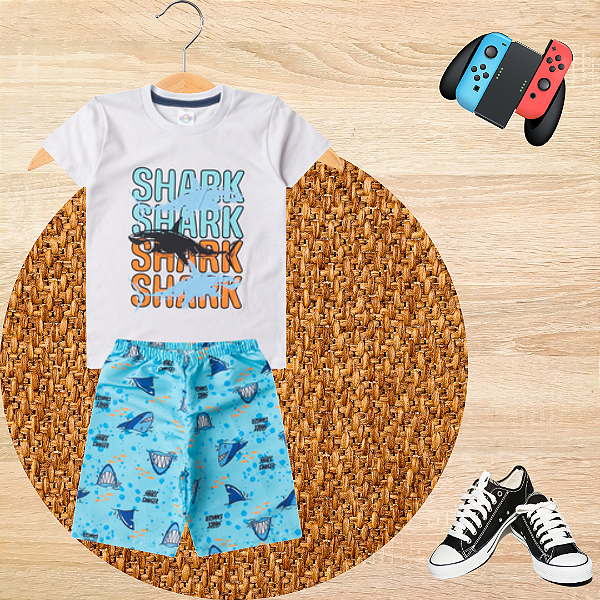 Conjunto Infantil Menino Tubarão Shark Azul
