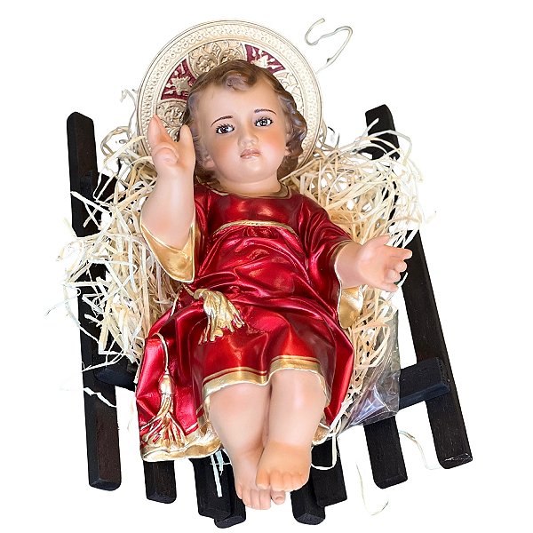 Imagem Menino Jesus 26cm C/ Olhos de Vidro Manjedoura Vermelho | Resina Perolizado