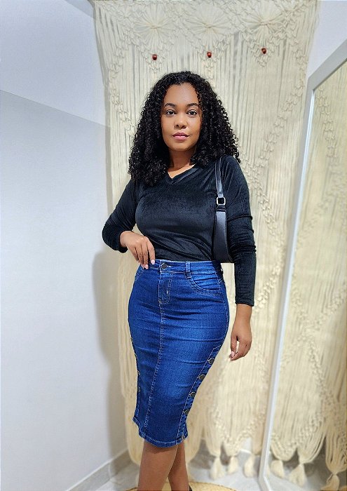 Saia Jeans Midi com detalhes e Botões laterais REF 180