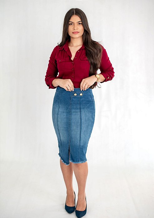 Saia Jeans Midi Assimétrica Lavado Delavê REF 080