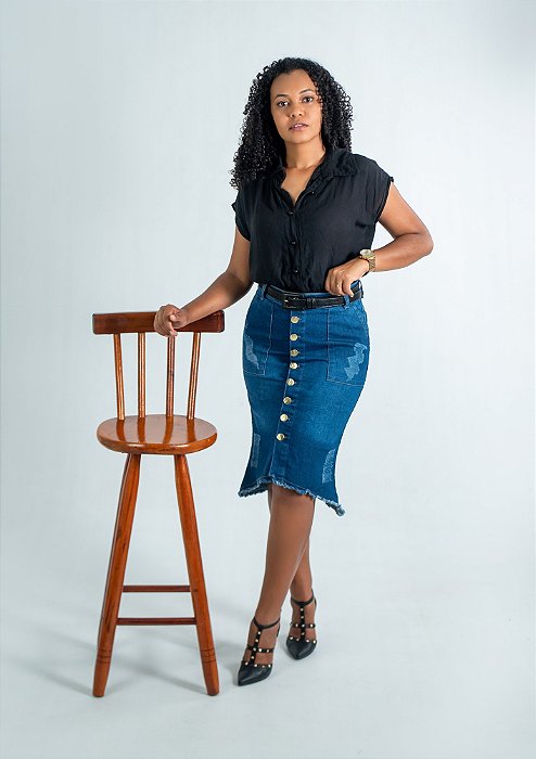 Saia Jeans midi com Bolso na Frente REF 136