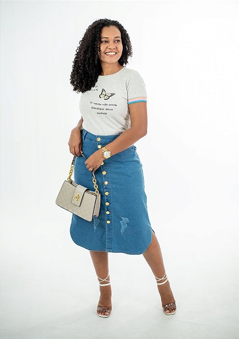 Saia Jeans midi com Botões Frontais e Barra Arredondada REF 109