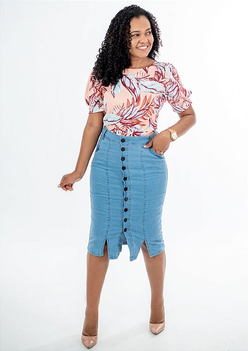 Saia Jeans midi com Fendas Frontais REF 114