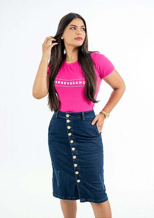 Saia Jeans Midi com Bolsos na Lateral REF 076