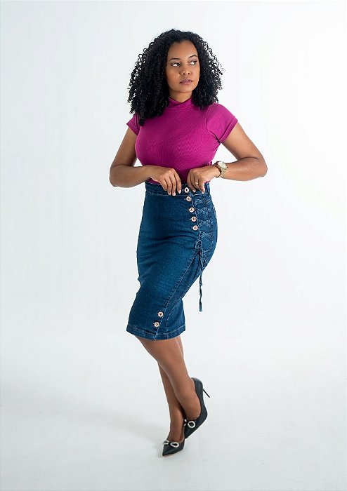 Saia Jeans midi Plus Size Detalhes em X na Lateral Lavado escuro  REF 105