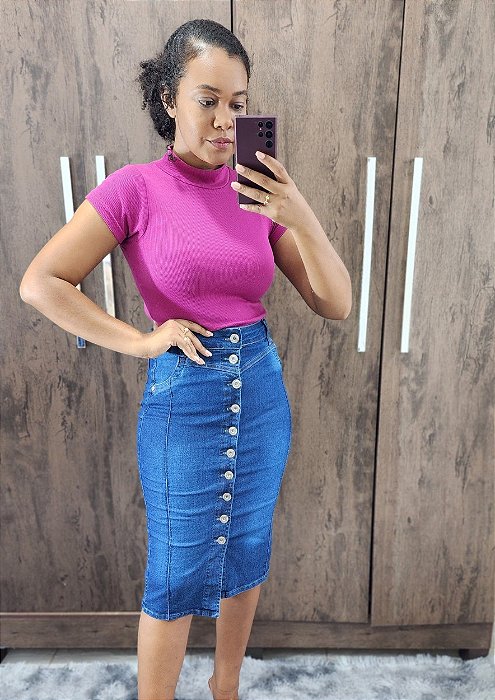 Saia Jeans midi com nervuras e botões na Frente REF 182