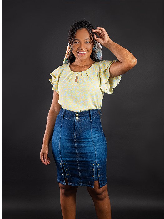 Saia Jeans secretária com detalhes em ribites na frente REF 191