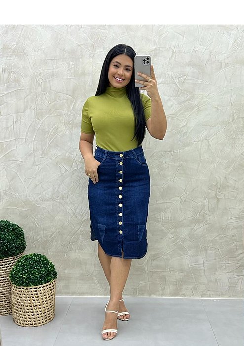 Saia Jeans midi Recorte Arredondado na Frente REF 110