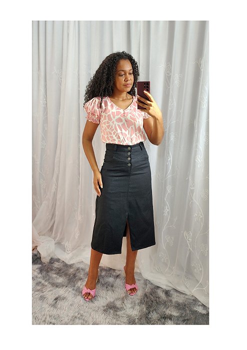 Saia Maxi Midi Jeans Preto REF 00186 com fenda frontal