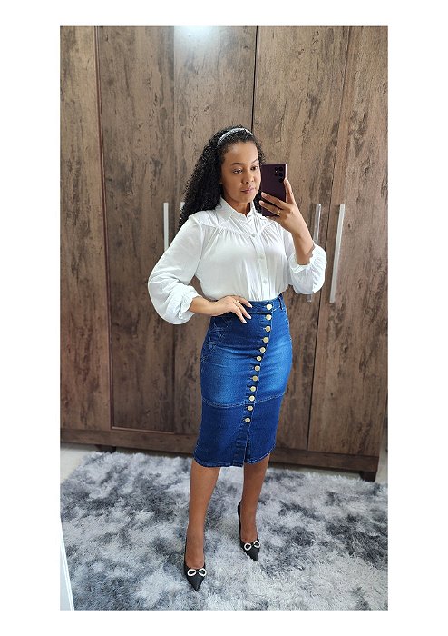 Saia Jeans Midi com detalhes nas laterais REF 202