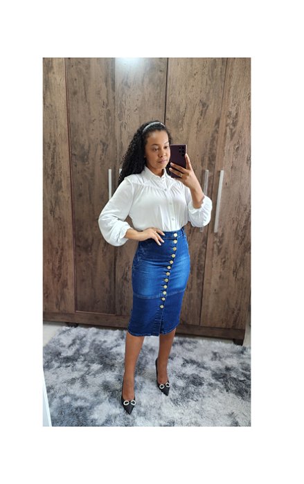 Plus Size- Saia Jeans Midi com detalhes nas laterais REF 202