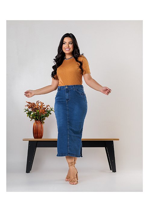 Saia Jeans Midi com fendas laterais Ref 249