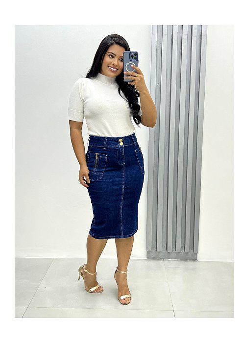 Saia Midi Jeans  com ziper nos bolsos Ref 0217