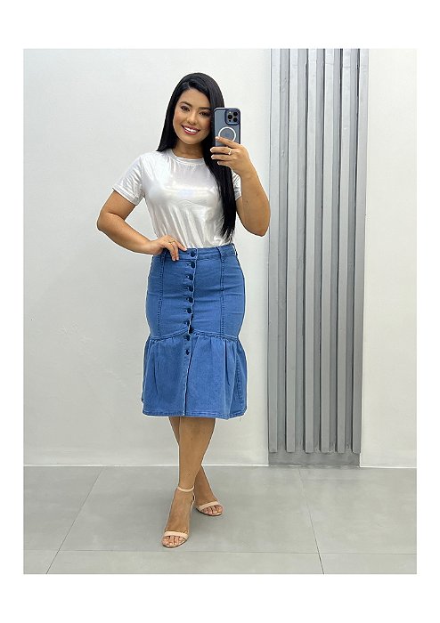 Saia Jeans midi com 1 maria REF 159 lavado claro