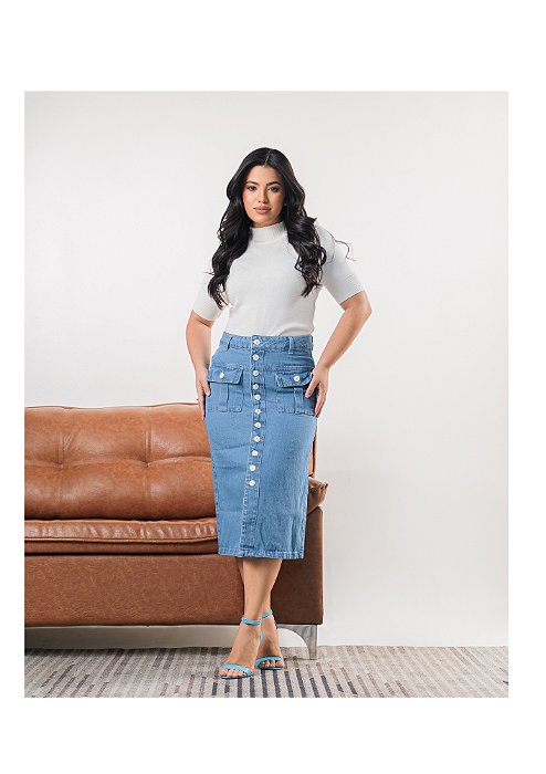 Saia Midi Jeans com Bolso Cargo frontal Ref 006 Thalita Delavê