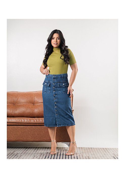 Saia Midi Jeans com Bolso Cargo frontal Ref 006 Thalita Stone
