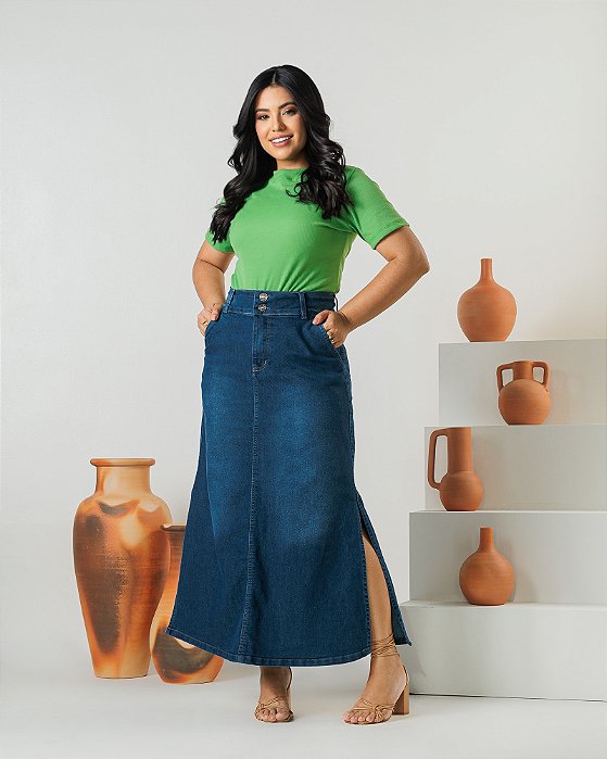 Saia Rute Jeans com fenda lateral Ref 001