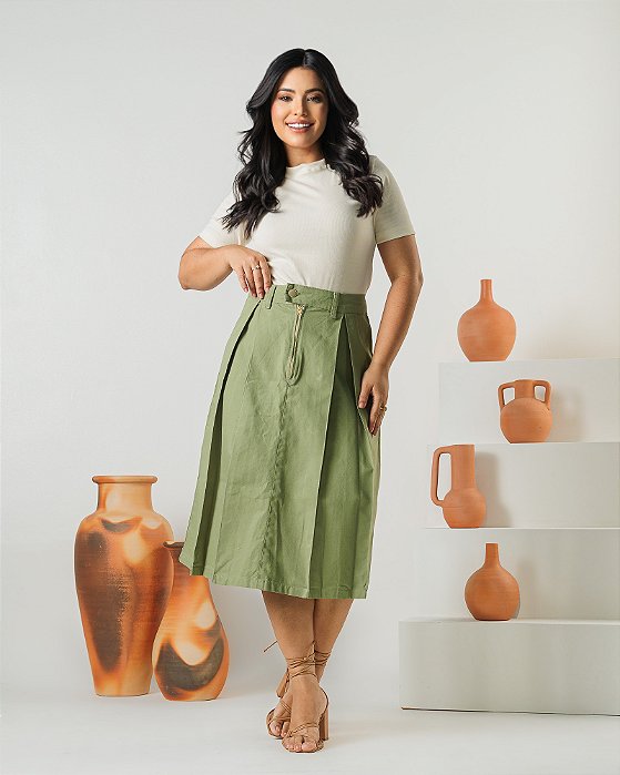 Saia Jeans Leticia Evasê Ref 261 Brim  Verde Chá