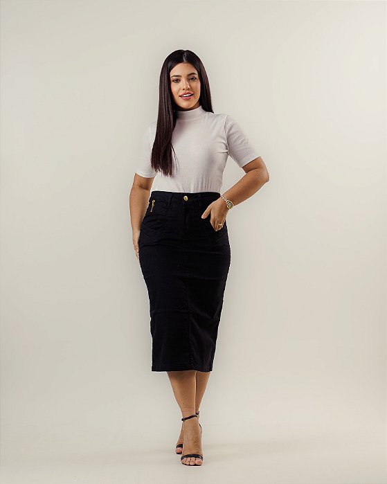 Saia Midi Jeans Preta  Isadora 012