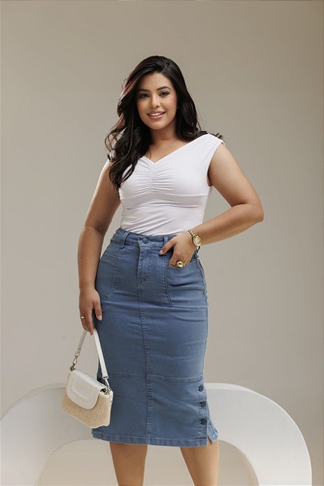 Saia Jeans Midi Ester com Botões Laterais